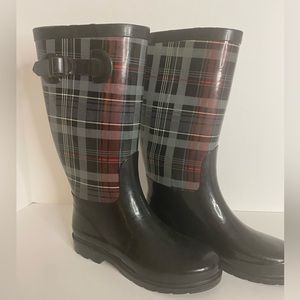 Women's Capelli New York Plaid Lined Rain Boots Rubber Size 7 Adj. Strap/Buckle